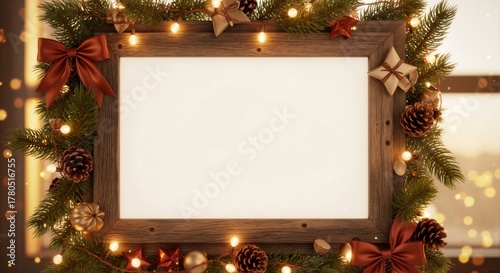 Festive Christmas border with a rustic wooden frame and glowing lights. Holiday decoration mockup with copy space for text. Winter season greeting card template
