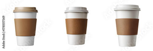Collection of white paper coffee cup with a brown sleeve isolated on a transparent background