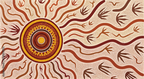 Authentic Aboriginal art painting with earthy tones and symbolic elements, cultural heritage and indigenous design, warm color palette