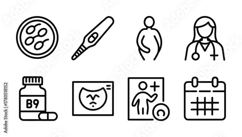 Pregnancy maternity health motherhood outline icons collection