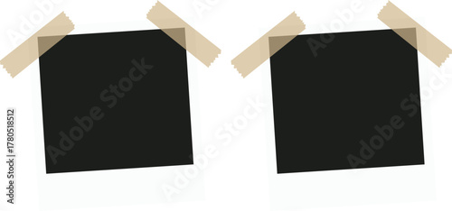 Realistic empty photo card frame, film set. Retro vintage photograph with transparent adhesive tape and paper clip. Digital snapshot image. Template or mockup for design. Vector illustration.
