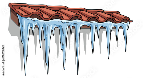 Melting icicles hanging from a red tile roof create a chilling winter scene, perfect for seasonal designs and climate change awareness campaigns