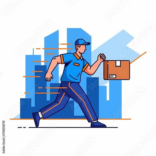 Professional delivery man swiftly transporting a parcel, symbolizing urgent and reliable e-commerce shipping solutions