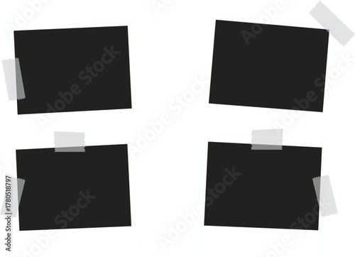 Realistic empty photo card frame, film set. Retro vintage photograph with transparent adhesive tape and paper clip. Digital snapshot image. Template or mockup for design. Vector illustration.