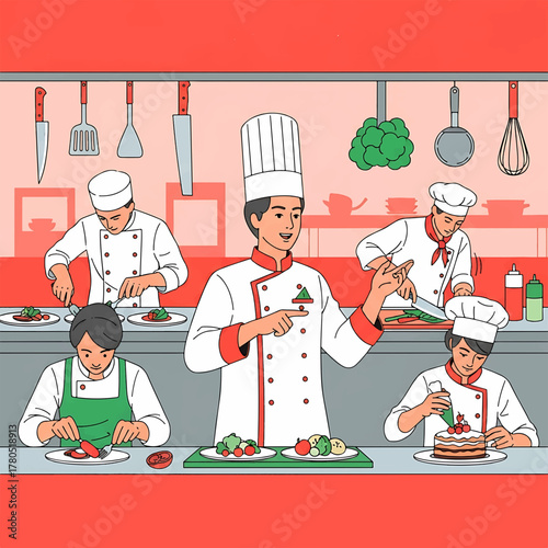 Professional culinary team actively engaged in cooking, plating, and decorating gourmet dishes in a busy kitchen