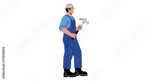 Hardworking handyman wearing safety helmet ready to build with hammer in hand, perfect for construction and renovation projects now