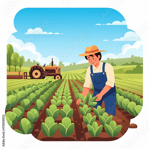 Farmer cultivating green vegetables in a sunny field, promoting sustainable agriculture and healthy produce growth