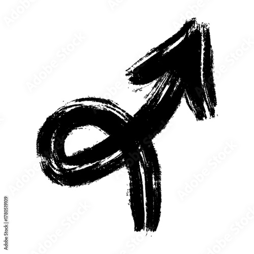 Hand-painted Mars symbol in a dynamic, upward brushstroke style, representing male gender or masculine energy