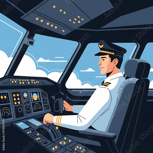 Skilled aviator meticulously navigates the advanced cockpit of a modern aircraft, showcasing professional expertise in flight operations and air travel