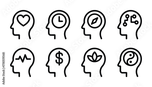 Human mind psychology thinking emotion icons set