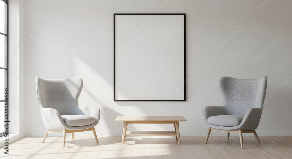 Fototapeta premium Design a modern living room with a blank picture frame for your art or motivational quotes, two chairs, and a bench in a serene light-filled space interior
