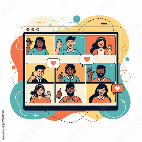 Diverse group of happy people connecting virtually in an online video conference call, fostering remote collaboration