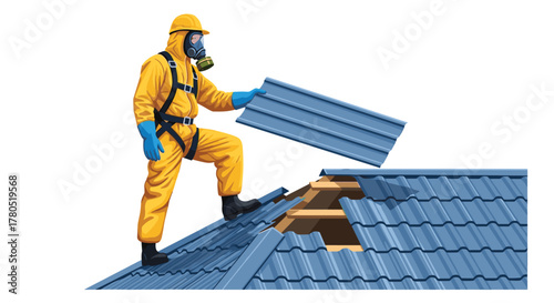 Protective gear roofing contractor fixing roof damage after storm with safety equipment and gas mask, construction worker fixing house roof