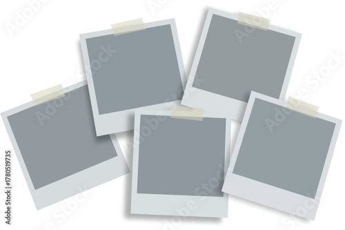 Realistic empty photo card frame, film set. Retro vintage photograph with transparent adhesive tape and paper clip. Digital snapshot image. Template or mockup for design. Vector illustration.