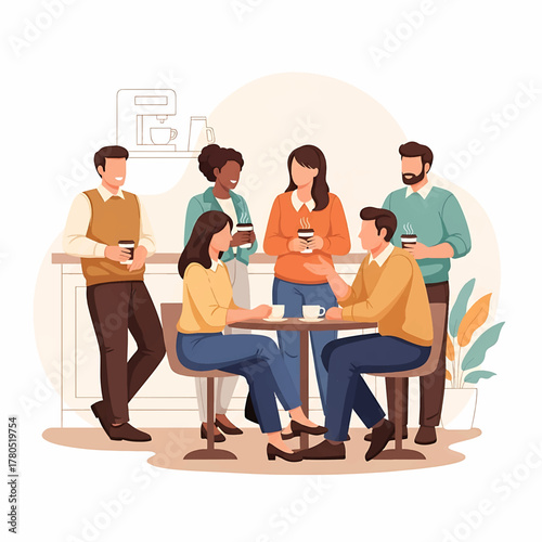 Illustrating workplace connection diverse professionals enjoy a coffee break, fostering collaboration and positive team dynamics