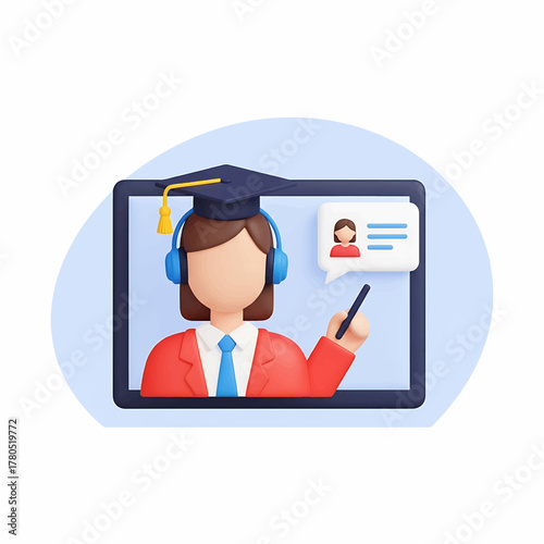 Modern virtual education experience featuring a digital instructor facilitating interactive online courses via tablet