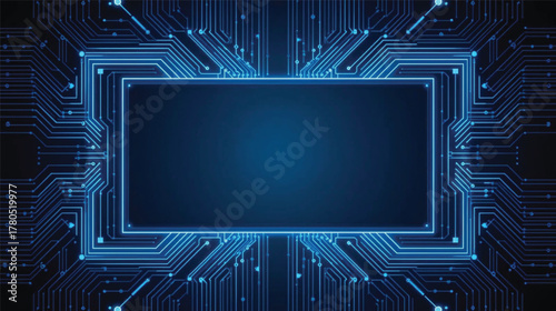 Futuristic Tech Banner with Neon Circuit Traces and Central Space for Text.