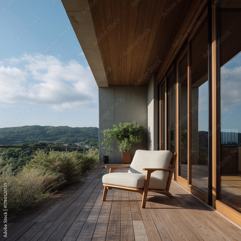 Naklejka premium Contemporary wooden terrace features comfortable chair overlooking scenic mountain landscape with natural greenery.