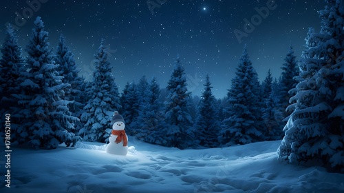A snowman and a starry sky in a magical winter scene