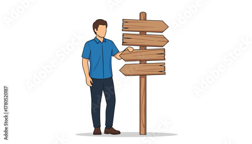 Man pondering directions at rustic wooden signpost, seeking guidance and choices for future travel plans or career path, ready for adventure