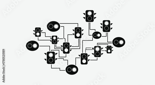 Intricate network of traffic lights creating a connected system, perfect for illustrating urban planning, logistics, and modern transportation solutions
