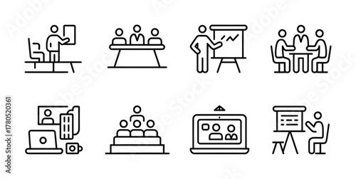 Business meeting presentation teamwork icons collection