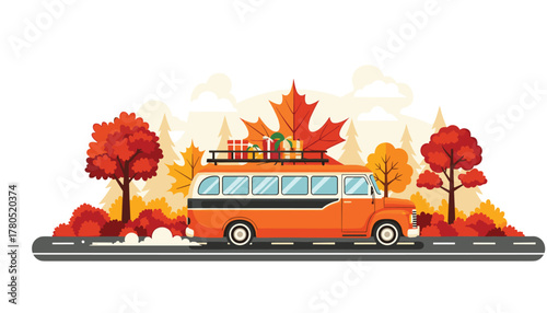 Vintage orange van driving through a vibrant autumn landscape with gifts on top, perfect for holiday travel or seasonal adventures