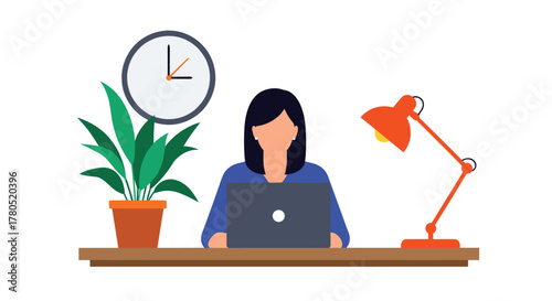 Stylish workspace illustration with productive woman using laptop under bright lamp, perfect for modern business and remote work design projects