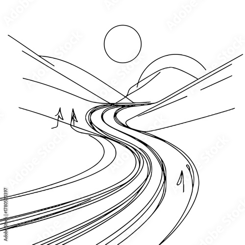 A road with thin ski or boot marks Winter Weather outline / minimal linear vector