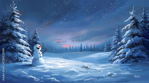 Snowman in a mystical winter setting beneath a starry sky