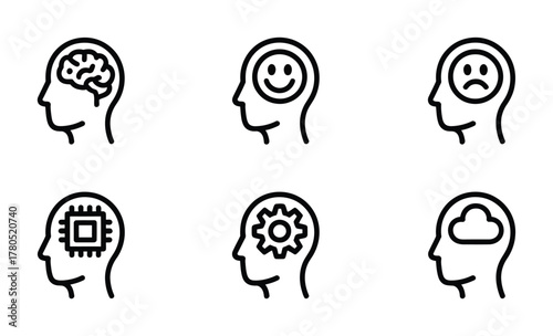 Human mind psychology brain emotion outline icons pack