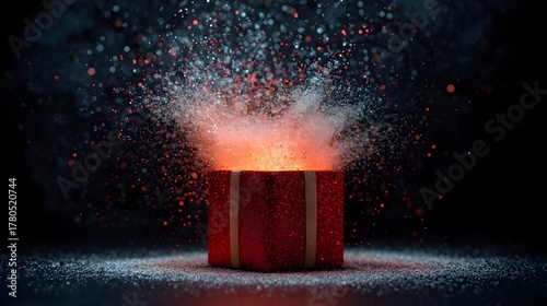 Red Glitter Gift Box Explosion on Snow with Festive Lights