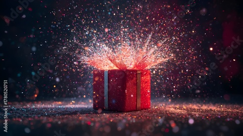 Red Glitter Gift Box Explosion with Festive Lights on Snow