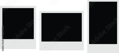 Realistic empty photo card frame, film set. Retro vintage photograph with transparent adhesive tape and paper clip. Digital snapshot image. Template or mockup for design. Vector illustration.