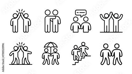 Friendship teamwork unity people connection outline icons set
