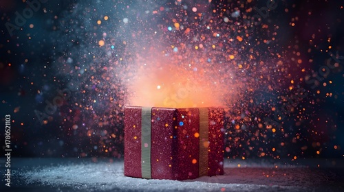 Explosion of a Red Glitter Gift Box on Snow with Festive Lighting
