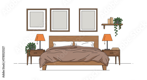 Serene bedroom retreat featuring a cozy bed, soft lighting, and wall art creating a calming, inviting atmosphere for relaxation and rest