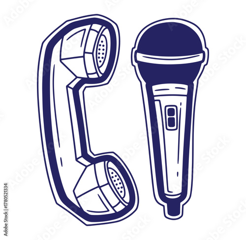 Illustrated vintage telephone receiver and microphone isolated on a bright white background.