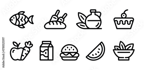 Food grocery healthy nutrition outline icons collection