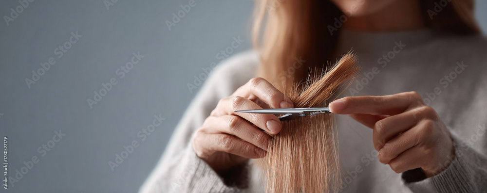 Naklejka premium Woman trims her hair with scissors. DIY beauty, selfcare concept. Haircut at home. Isolated on grey background. Use for beauty blogs or salon ads.