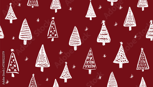 Christmas white tree pattern on red, hand drawn illustration	
