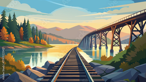 Very beautiful rustic railway tracks leading to the historic Waterville–Winslow Railroad Bridge spanning the Kennebec River in Waterville, Maine, USA, featuring steel truss structure, natural rock for