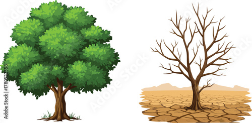 Green healthy tree and dry dead tree illustration, climate change concept art, deforestation and drought environmental contrast design