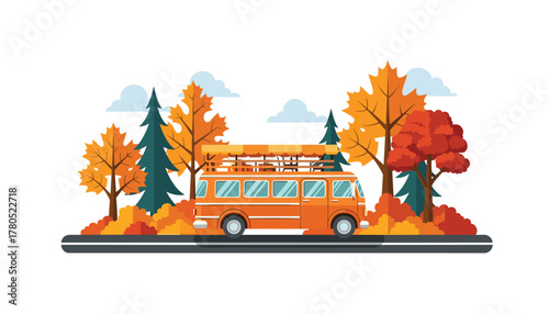 Fall foliage tour on an orange open-top bus through a vibrant autumn landscape with colorful trees and blue sky, perfect for adventure travel