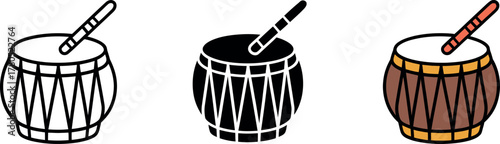 Illustration Set of Traditional Drums with Stick in Various Styles and Colors