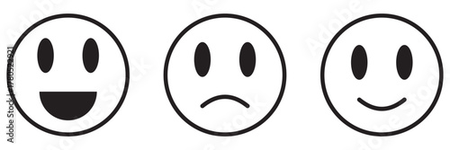 Smile icon. Emoticons simple icon negative, neutral and positive sign. Rating emoji icon set. Feedback emoticons. Smiley rating. Good and bad emoticon signs - Happy and Sad reaction.                  