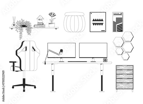 Modern work-from-home office setup 2D line objects set. Gaming chair, adjustable desk, dual monitors, shelf decor isolated cliparts vector ink outline items. Monochrome spot illustrations collection
