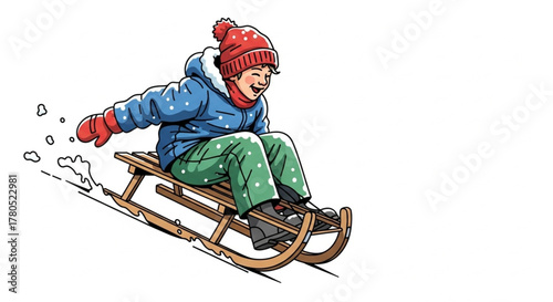 Happy Kid Sledding on Snow – Winter Outdoor Fun Illustration
