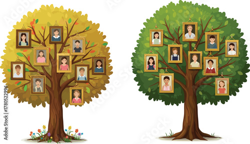 Family tree illustration with portraits, genealogy concept art, ancestry and heritage connection, cartoon family generations diagram, family history design