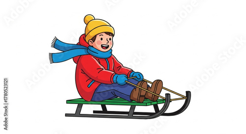 Happy Child Sledding in Snow – Winter Holiday Illustration